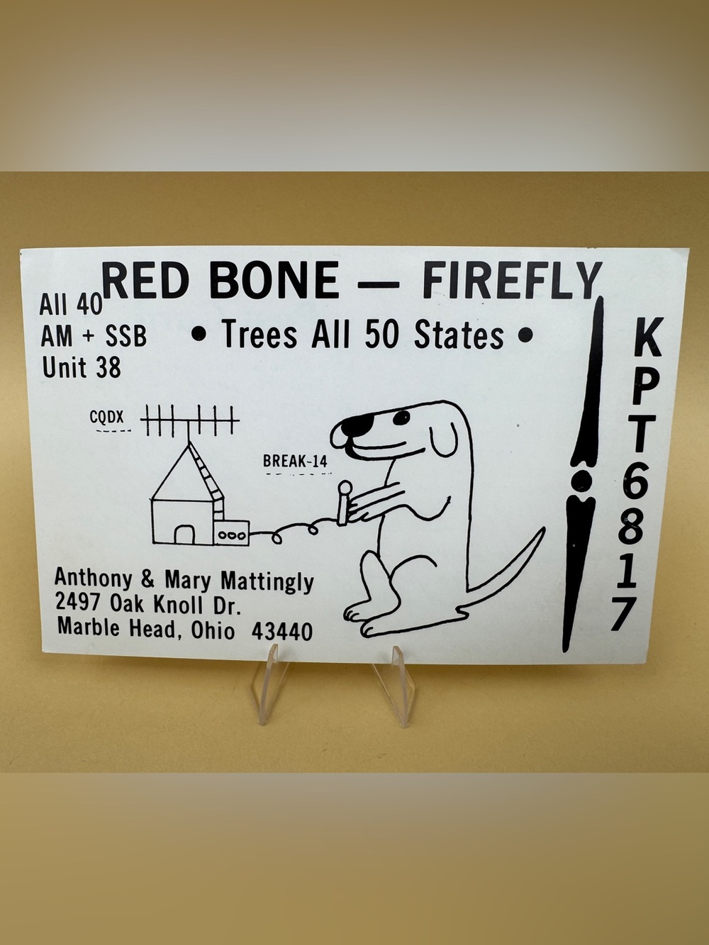 Vintage 1978 CB Radio QSL Card Red Bone Firefly Marblehead Ohio KPT6817 Dog Art